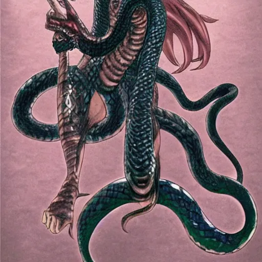Prompt: a male anime character, half snake half human, serpent body, naga, kentaro miura art style