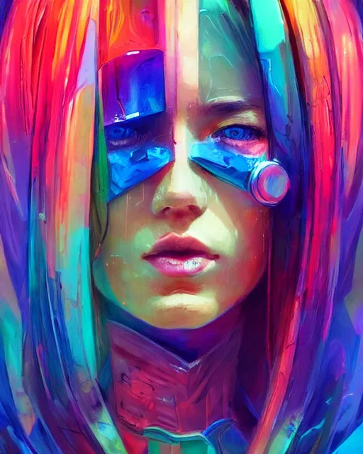 Image similar to colorful portrait of a brunette hippie, but set in the future 2 1 5 0 | highly detailed | very intricate | symmetrical | professional model | cinematic lighting | award - winning | painted by mandy jurgens | pan futurism, dystopian, bold psychedelic colors, cyberpunk, anime aesthestic | featured on artstation