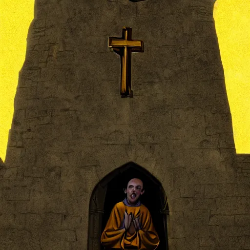 Image similar to A terrified catholic priest in his twenties at the top of a medieval tower watches as an ominous yellow shadow descends upon him from the night sky. He is fervently praying. Dramatic lighting. Award-winning digital art, trending on ArtStation