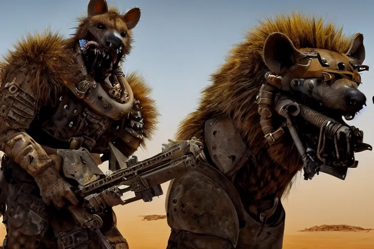 Image similar to a good ol'hyena fursona ( from the furry fandom ), heavily armed and armored facing down armageddon in a dark and gritty version from the makers of mad max : fury road. witness me.