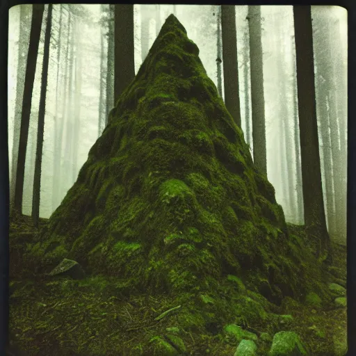 Prompt: a mossy rock pyramid in the middle of a forest clearing, foggy, eerie, creepy, unsettling, lost footage, old polaroid, expired film,