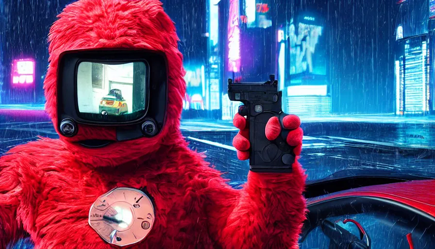 Prompt: elmo!! holding a pistol leans out of the window of a driving car in cyberpunk, digital art, rendering, hyperrealistic, photorealism
