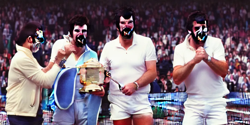 Prompt: portrait photo of geoff capes winning wimbledon tennis final with lionel richie