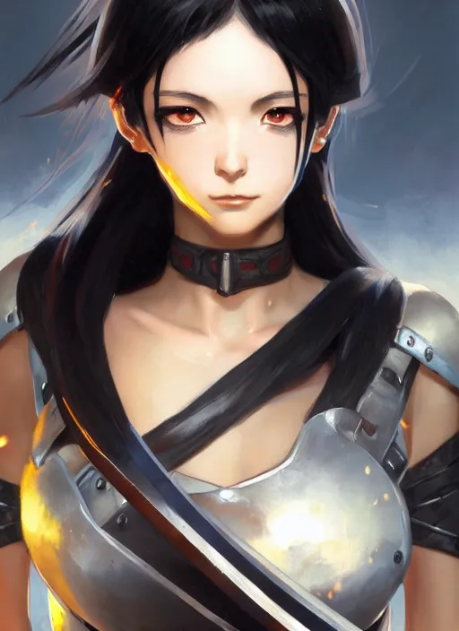 Image similar to Portrait of Anime girl with black hair, she is carrying a burning sword, wearing metal armor around her chest and waist, realistic, detailed, 4k by Greg Rutkowski Mark Arian trending on artstation