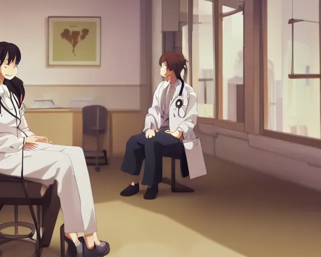 Image similar to a cute and beautiful young female doctor wearing white coat are talking with an old professor in a hospital, slice of life anime, lighting, anime scenery by Makoto shinkai