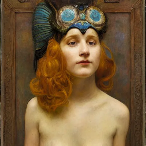 Image similar to a beautiful young clockwork girl wearing a bird mask, by annie swynnerton and diego rivera and elihu vedder, dramatic lighting, elaborate geometric ornament, head and shoulders view, soft cool colors, smooth, sharp focus, extremely detailed, adolf wolfli, donato giancola