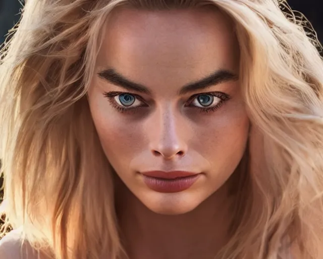 Image similar to a beautiful mix of margot robbie and bar refaeli, hyper realistic face, beautiful eyes, cinematic, long shot, hyper detailed, 8 5 mm photograph, 8 k resolution, film still, sharp lens, wide lens