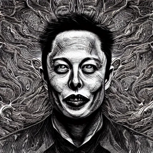 Image similar to elon musk scariest horror nightmare by junji ito, digital art, deepdream cosmic, 3 d high definition, trending on artstation, photorealistic, high resolution, 8 k, octane, hyper detailed, trending on deviantart insane details, intricate, elite, ornate, elegant trend, highly detailed and intricate, sharp focus, photography, unreal engine