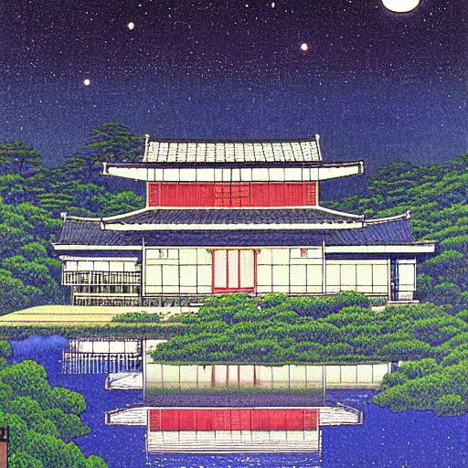 Image similar to painting by Hasui Kawase, atmospheric cozy futuristic organic white concrete house in the middle of a lush and dense forest at night, a beautiful lake next to it, night time, night sky, starry night sky, by Hasui Kawase