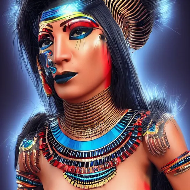 Image similar to a female egyptian / aztecian punk / raver using her mutant electrical powers trending on artstation deviantart pinterest hyper detailed photorealistic highlights and shadow hd 8 k post - processing high resolution