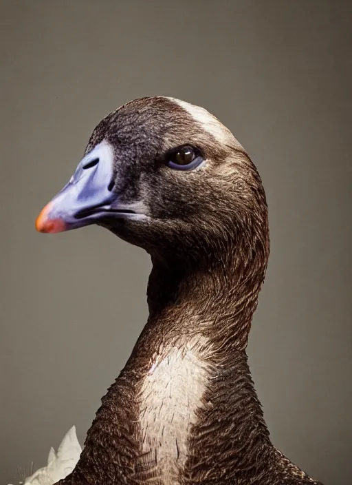 Prompt: closeup portrait of saul goodman fused with a goose, in court, natural light, bloom, detailed face, magazine, press, photo, steve mccurry, david lazar, canon, nikon, focus