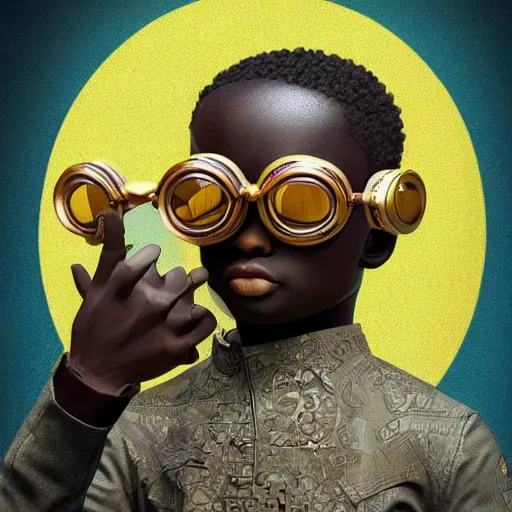 Image similar to vfx portrait - art of a nigerian boy wearing colourful steam punk goggles, art by utagawa kunisada & james jean, volumetric light, symmetrical, ray tracing, unreal engine, octane 3 d render, sharp, detailed, digital render, illustration, highly detailed, intricate detail, pinterest, behance, art station,