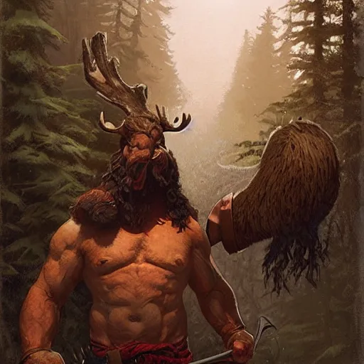 Prompt: hairy barbarian with moose head by greg rutkowski by tim hildebrandt