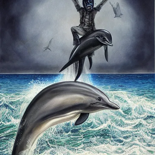 Image similar to a hyper realistic painting of the grim reaper riding a dolphin over a rainbow, by santiago caruso, highly detailed, vivid color,