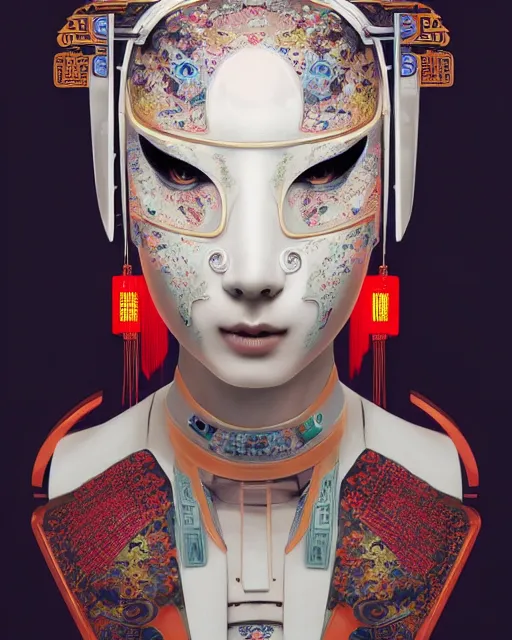 Image similar to portrait of a cyberpunk machine, machine face, upper half portrait, decorated with chinese opera motifs, asian, fine china, traditional chinese art, intricate, elegant, highly detailed, symmetry, headpiece, digital painting, artstation, concept art, smooth, sharp focus, illustration, art by artgerm and greg rutkowski and alphonse mucha, 8 k