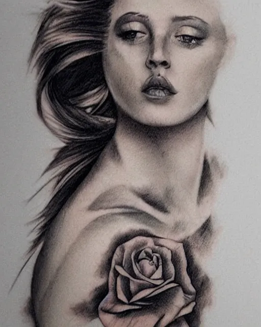 Image similar to tattoo design sketch of a beautiful woman face blended with a faded background of beautiful mountains and nature on her side, hyper - realistic, in the style of den yakovlev, amazing detail, black and white