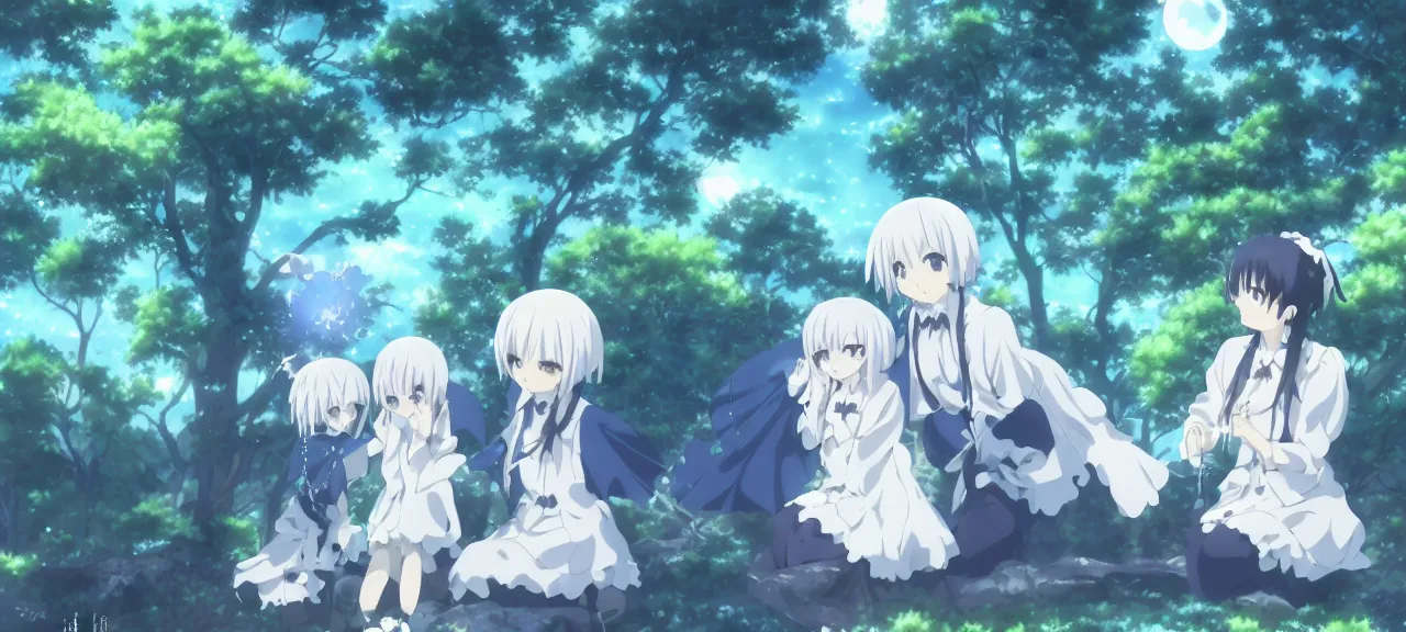 Image similar to Konpaku petting aqua ghost | ghibli clover | Big Moon at Blue Night | Trees with white flowers | bioluminescent blue FLOWERS | strong blue rimlit | visual-key | anime illustration | highly detailed High resolution | Light Novel | Visual Novel | Gosick