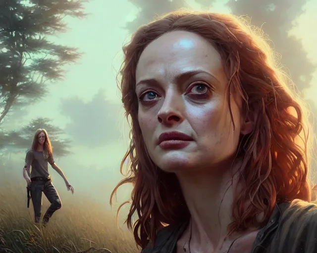 Image similar to highly detailed portrait of heather graham, in the walking dead, stephen bliss, unreal engine, fantasy art by greg rutkowski, loish, rhads, ferdinand knab, makoto shinkai and lois van baarle, ilya kuvshinov, rossdraws, tom bagshaw, global illumination, radiant light, detailed and intricate environment