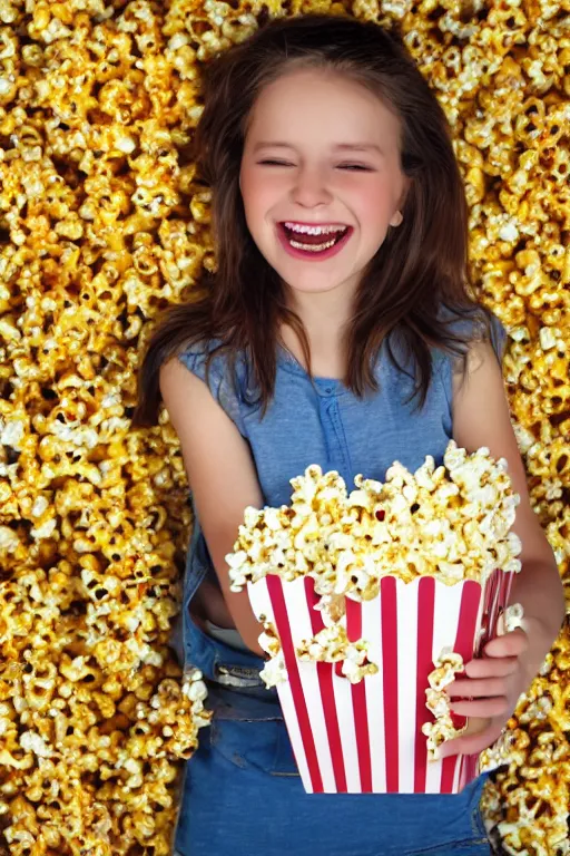 Image similar to portrait of a happy girl, lots of flowers and popcorn around, hyperrealistic, hightech