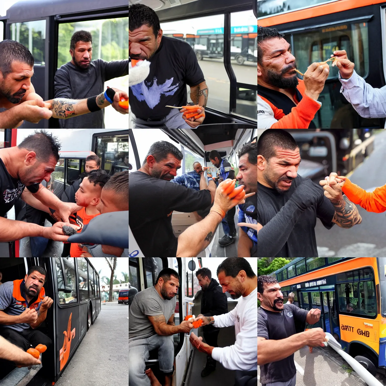 Prompt: antonio rodrigo nogueira feeds a carrot to a bus while antonio rogerio nogueira pets the bus with his hand ; photo