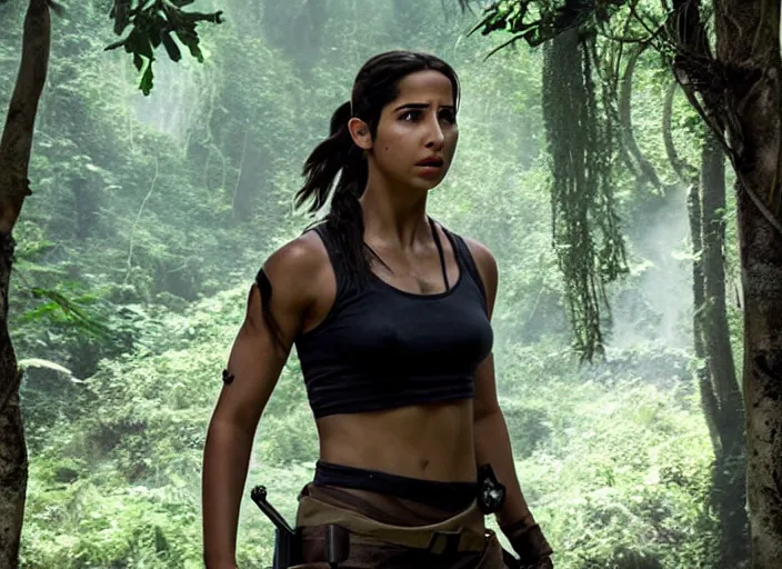 Image similar to film still of!!!! naomi scott!!! as lara croft in new tomb raider movie, 8 k