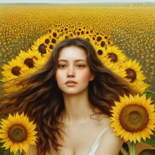 Image similar to a girl slowly walking through amazing tall sunflower field, hair flowing, early morning lighting, elegant, subtle, intricate details, face!, real masterpiece, oil on canvas, by karol bak, ayami kojima, artgerm, smile, concept art, fantasy