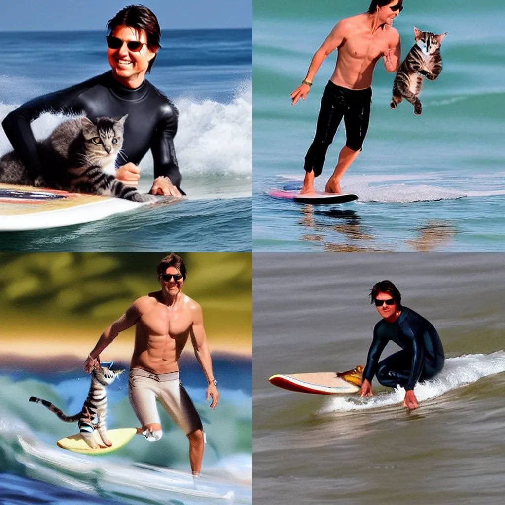 Prompt: Tom Cruise surfing with his pet kitten, photorealistic