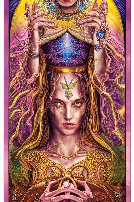 Prompt: beautiful tarot card of the queen of dreams by carol bak and dan mumford and alex grey, oil on canvas, intricate, border, symmetrical, portrait, 8k highly professionally detailed, HDR, CGsociety