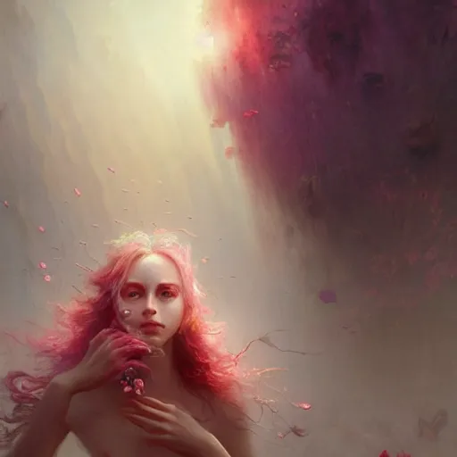 Image similar to cinematic shot epic portrait an flower goddess, glowing eyes, sweaty skin, wet pink flowing hair, flower blurry backround, broad light, ambient occlusion, volumetric light effect, made by ivan aivazovsky, peter mohrbacher, greg rutkowski, matte painting, trending on artstation, 4 k, perfectly defined features, digital painting,