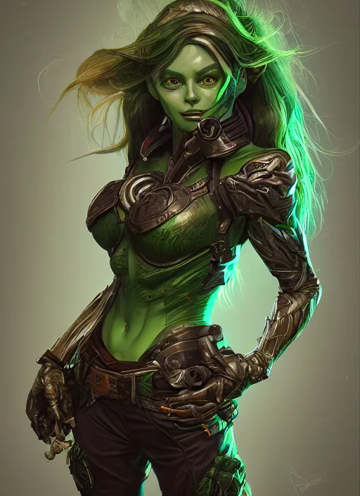Prompt: a highly detailed illustration of cute gunslinger green goblin girl, art by artgerm and greg rutowski, intricate, elegant, highly detailed, centered, digital painting, artstation, concept art, smooth, sharp focus, league of legends concept art, wlop.