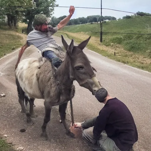 Image similar to dashcam footage of a gopnic slavsquatting on a donkey, eastern european, 4 k, 1 6 k, 8 k, hd, high resolution