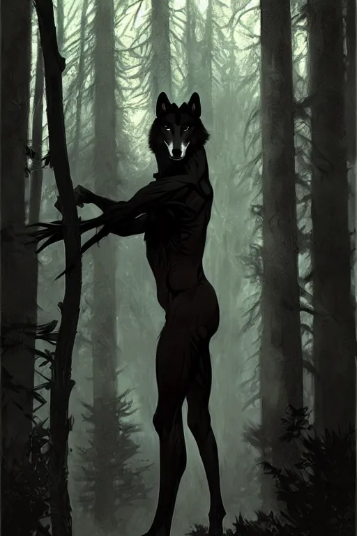 Image similar to full figure beautiful young fit antrophomorphic male wolf, bared teeth and long claws, dark scene, by greg rutkowski and alphonse mucha, d & d character, gradient black to silver, in a forest at night, highly detailed portrait, digital painting, artstation, concept art, smooth, sharp focus illustration, artstation hq