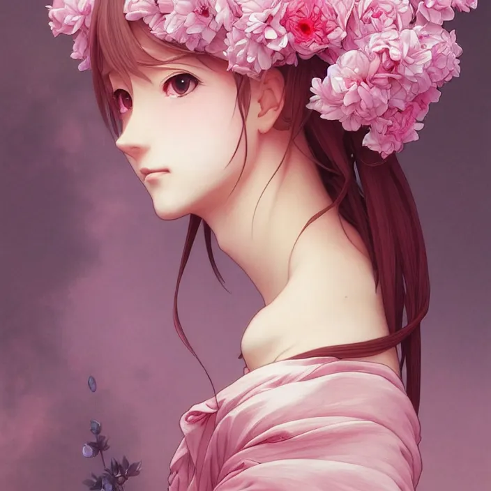 Image similar to pink petals with a shape of an anime girl, krenz, ghibli, anime style, intricate, elegant, highly detailed, wonderful eyes, sweet, digital painting, artstation, concept art, smooth, sharp focus, illustration, art by artgerm and greg rutkowski and alphonse mucha and william - adolphe bouguereau