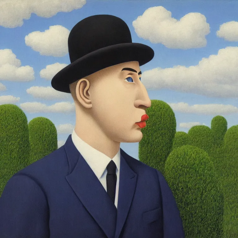 Image similar to portrait of a faceless white masked - head man in a suit, clouds and nature landscape in the background, by rene magritte, detailed painting, distance, centered, hd, hq, high resolution, high detail, 4 k, 8 k