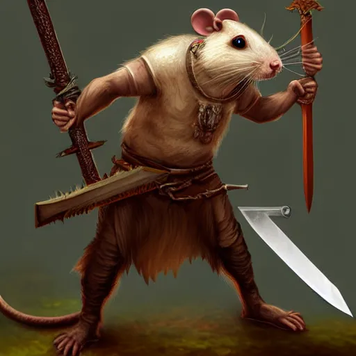 Image similar to antropomorphic rat character buying a sword made out of bone from a trader rat, fantasy art, digital art, fantasy art, matte painting