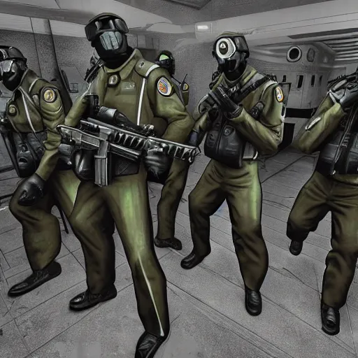 Prompt: metrocops from half - life 2 in matrix, digital art, very very creepy, dystopian, high quality render, military art, highly detailed guns