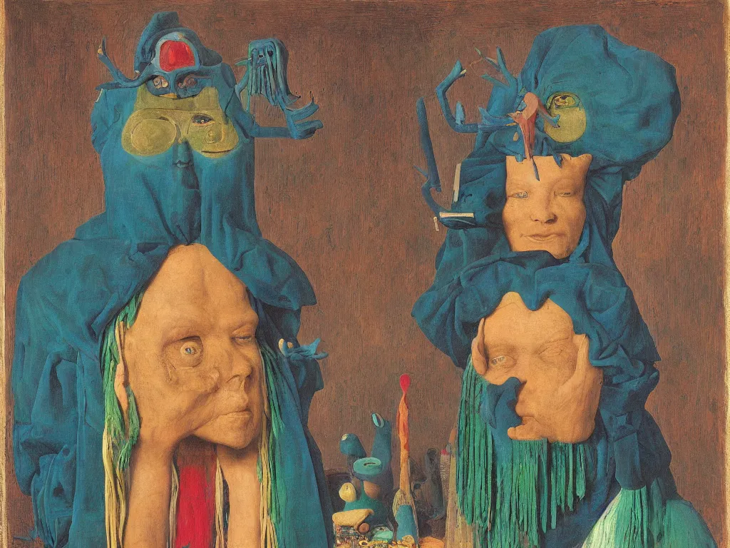 Image similar to Portrait of albino mystic with blue eyes, with totemic archaic mask made from Malachite Painting by Jan van Eyck, Audubon, Rene Magritte, Agnes Pelton, Max Ernst, Walton Ford