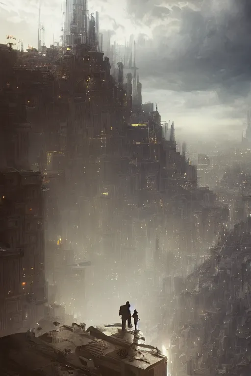 Image similar to A person standing in the foreground of a never ending city by Greg Rutkowski, Sung Choi, Mitchell Mohrhauser, Maciej Kuciara, Johnson Ting, Maxim Verehin, Peter Konig, final fantasy , 8k photorealistic, cinematic lighting, HD, high details, dramatic, dark atmosphere, trending on artstation