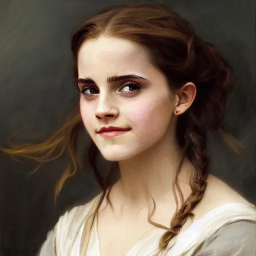 Prompt: Painting of Emma Watson as Hermione Granger. Smiling. Happy. Cheerful. Art by william adolphe bouguereau. Extremely detailed. Extreme close up. Beautiful. 4K. Award winning.