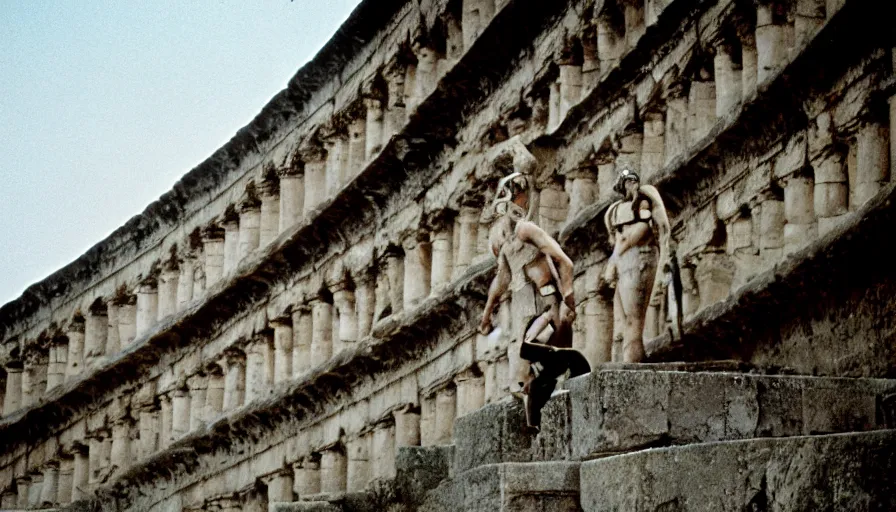 Prompt: 1 9 6 0 s movie still of caligula stabbed by senators on the ancient amphitheater's stairs, cinestill 8 0 0 t 3 5 mm, high quality, heavy grain, high detail, dramatic light, ultra wide lens, anamorphic