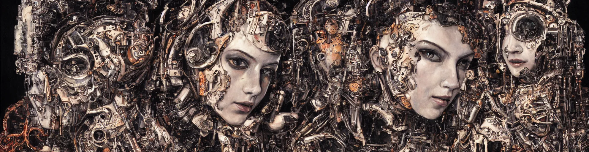 Image similar to queen baroque expressionist cyborg machine goddess, detailed portrait, hd 4k very detailed high dynamic range denoised smoothed upscaled, varnished oil paint on black background with pastel paint splashes in background by katsuhiro otomo