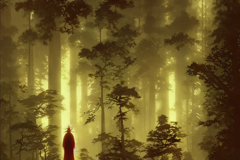 Image similar to huge red giant japanese fishes are flying betweeb the tall trees of a deep Bavarian forest at night. Looking up view, dramatic perspective.misty, mood. art by Greg Rutkowski and Craig Mullins and Alphonse Mucha and Moebius and Roger Deakins