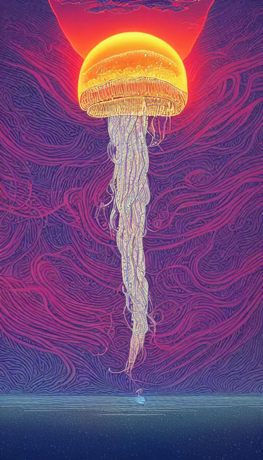 Prompt: jellyfish floating on cosmic cloudscape at sunset, futurism, dan mumford, victo ngai, kilian eng, da vinci, josan gonzalez
