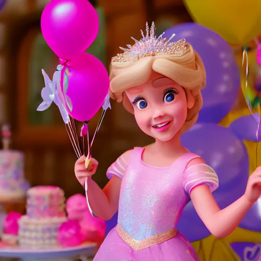 Prompt: a closeup photorealistic photograph of disney princess sophia at her birthday with balloons and cake. brightly lit scene. this 4 k hd image is trending on artstation, featured on behance, well - rendered, extra crisp, features intricate detail, epic composition and the style of unreal engine.