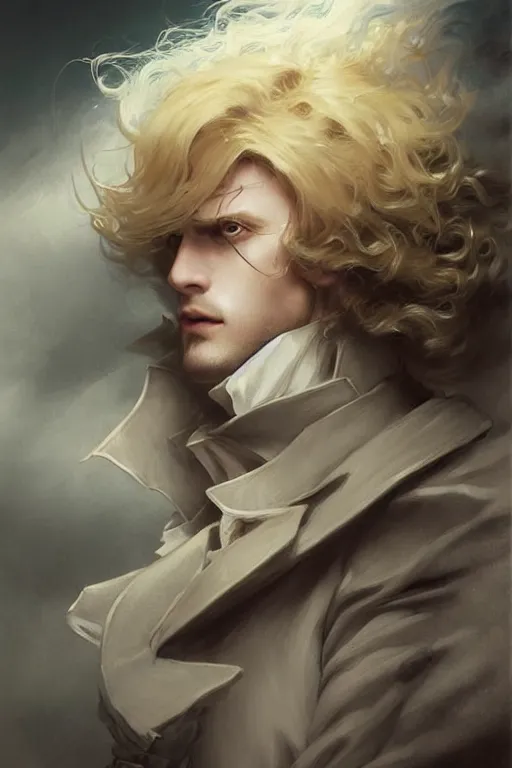 Image similar to johan liebert mixed with alucard picture by Greg Rutkowski, long fluffy blond curly hair, baroque curls, dynamic pose, matte painting, intricate, z brush, fantasy concept art, elegant, with a pot belly, by Stanley Artgerm Lau, WLOP, golden ratio, thomas kindkade, alphonse mucha, loish, Peter chung, norman Rockwell,