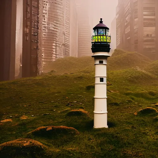 Image similar to photograph of a moss covered light house in the middle of a cyberpunk city on hills