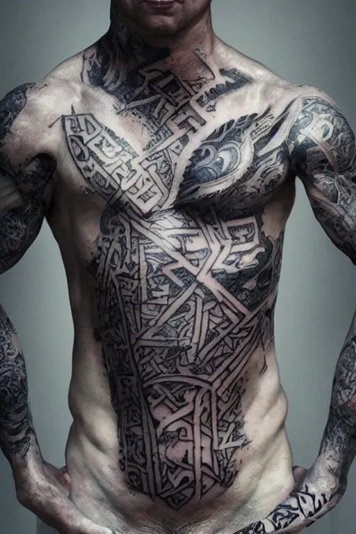 Prompt: centred completely front portrait of a muscular torso covered in runic tattoos front view, art by Ruan Jia , Moebious, Craig Mullin, and Nick Knight