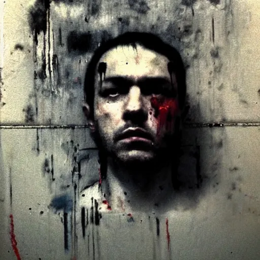 Image similar to grainy mugshot photo of an ugly criminal, (((high tech, cyberpunk))), by cy Twombly and BASTIEN LECOUFFE DEHARME