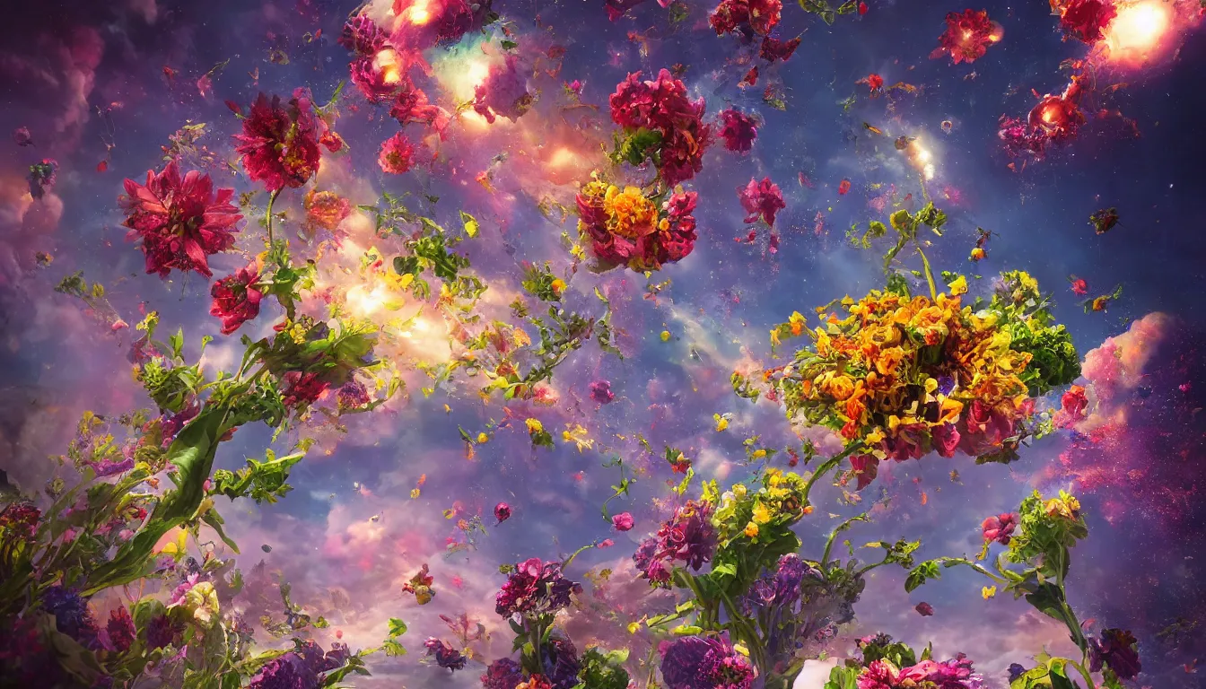 Prompt: An epic fantastic realism comic book style painting of the most beautiful flowers launched into space, bouquets, fisheye lens, the Earth is forming, unreal 5, DAZ, hyperrealistic, octane render, dynamic lighting