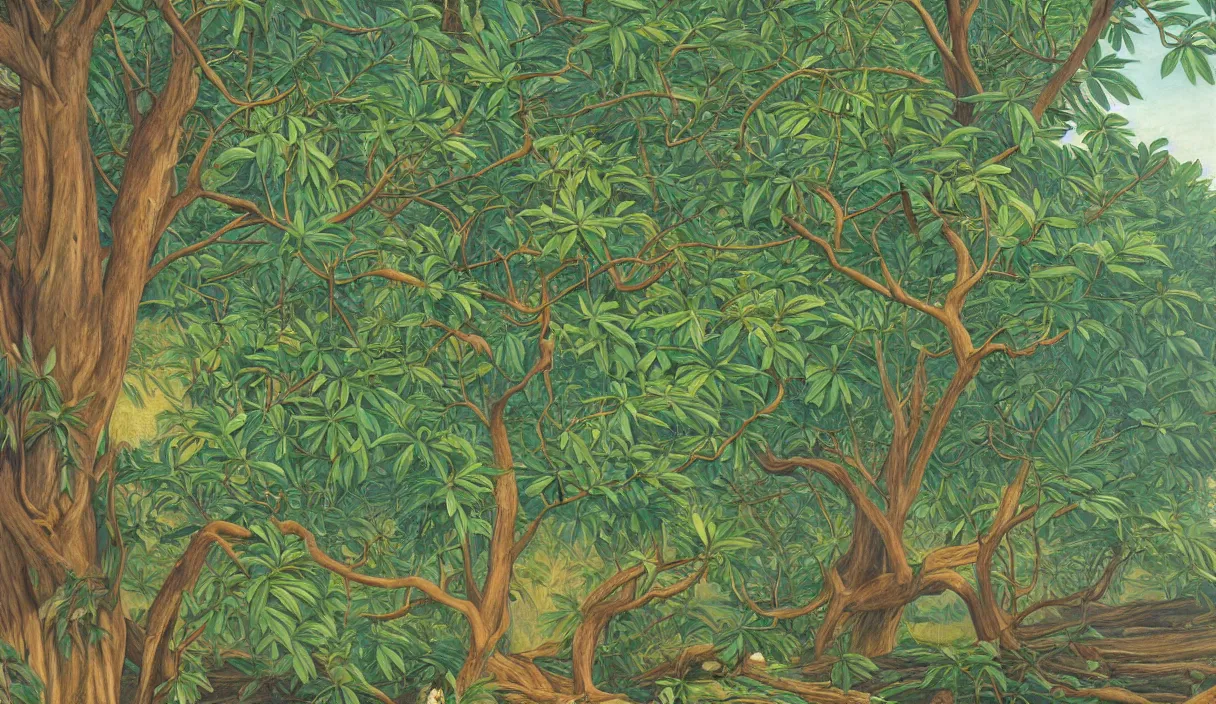 Prompt: full crown of a tree, leaves, close up, detailed by marianne north by moebius